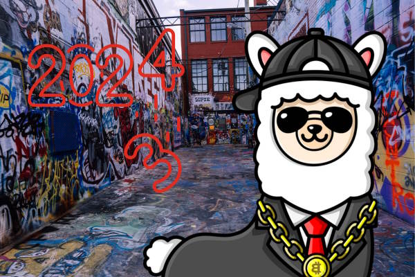 Alex the Alpaca in a lane with graffiti