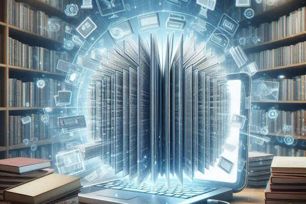 Picture of digital resources laid over a library with bookshelves