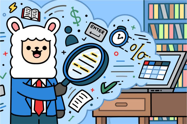 Alex the Alpaca holding a magnifying glass to a library screen